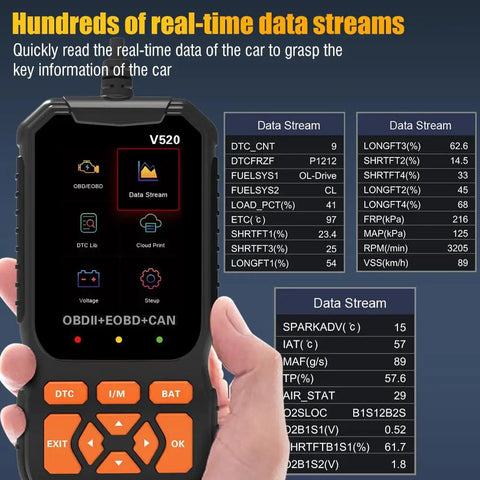 No Sweat OBD2 Diagnostic Scanner Tool with real-time data stream display, showing engine parameters and sensor information.
