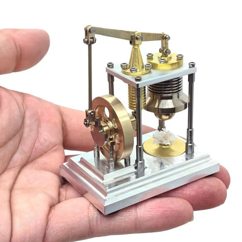Gamma Type Vertical Stirling Engine Model With Dope High Precision Metal Build And True Heat Driven Motion For Education And STEM Enthusiasts A Creative Gift For Engineers And Collectors, compact brass and aluminum desk model in hand