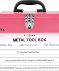 Front view of Pink 11 Inch Portable Steel Tool Box With Metal Latch, Compact Mini Tool Chest for home, garage, crafts