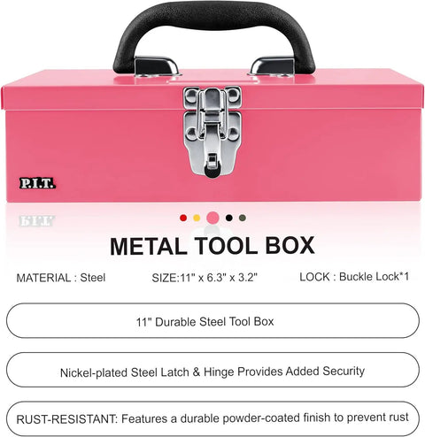 Front view of Pink 11 Inch Portable Steel Tool Box With Metal Latch, Compact Mini Tool Chest for home, garage, crafts