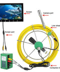 Heavy Duty Waterproof Borescope Inspection Camera With 30 Meter Line And 22 Millimeter Probe For Drain And Sewer Checks Tough TV Lens And Bright 6W Led Lights To Straight Up Crush Gunk In Tight Spots Today with yellow cable and screen setup.