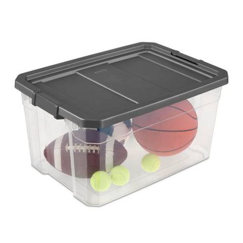 Modular Clear 76 Qt Storage Box Stackers, Stackable Plastic Organizer With Locking Lids, Durable Grey Box System Model 14763V06 with sports items