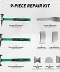 Pro Auto Body Repair Kit For Dent Removal 9 Piece Sheet Metal Hammer Set Professional Body Shaping Tools Portable Car Repair Kit For Quick Fixes And Smooth Panels with three hammers and six metal dolly tools displayed on white background.