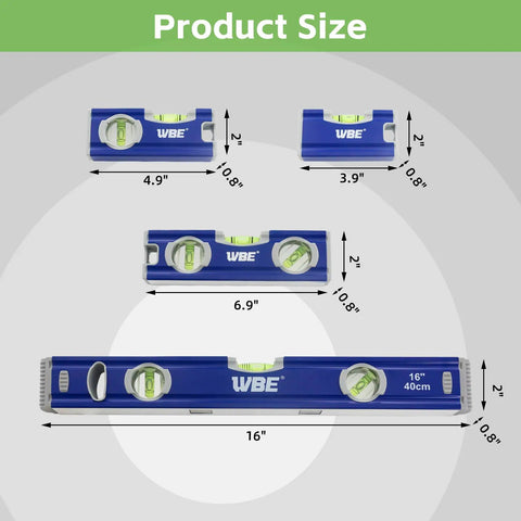 Top Notch 4 Piece Torpedo Level Set Featuring Knockout Accuracy Including 16 7 5 4 Inch Heavy Duty Aluminum Magnetic Spirit Levels for dimensions and sizes.