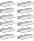 12 piece Back Mount Finger Edge Pulls 80mm Aluminum Concealed Tab Handles for cabinets, silver, shown with screws.
