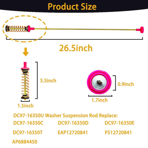 Diagram of 2026 Beefed Up Upgrade DC97-16350U Washer Suspension Rod, showing dimensions; 26.5 inches, spring detail.