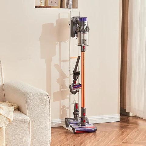 Dyson Vacuum Stand Organizer For V15 V12 V11 V10 V8 V7 V6 Cordless Models with vacuum, white metal bracket in living room.