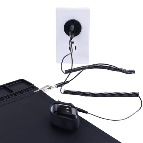 Grounded Outlet Plug And Anti Static Wrist Strap Kit For PC Builds With Adjustable XL Strap And Grounding Cord in use