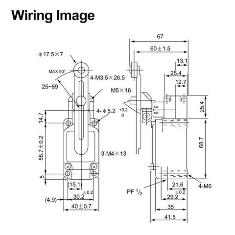 Technical diagram of Adjustable Roller Lever Limit Switch SPDT 1NO 1NC Momentary Action Waterproof IP66 10A 380V AC dimensions.