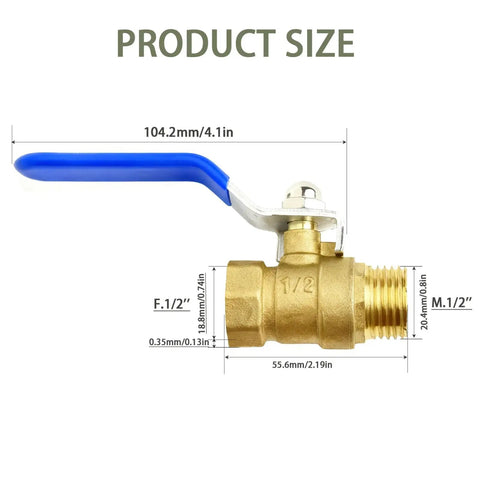 One Half Inch Forged Brass Ball Valve With Male To Female NPT Thread Full Port Connection size diagram