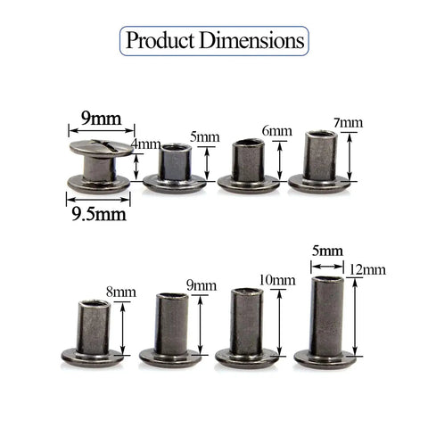 Gun Black Chicago Screws Assorted Heavy Duty Leather Rivet Kit Featuring Zero Hassle Snap Install and Knockout Durability dimensions, sizes from 4mm to 12mm.