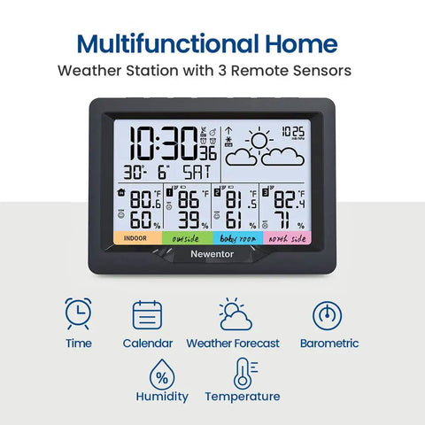 Four Zone Wireless Indoor Outdoor Weather Station With Digital Atomic Clock And Temperature Humidity Monitor, black display