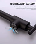 Pot Filler Faucet Wall Mounted Stainless Steel Kitchen Must Have Dual Stretchable Arm Folding Swing With Two Handle Valve Matte Black Space Saving Design Long Reach Up To 24 Inches SUS 304 Lead Free, highlighting the high-quality aerator feature with air bubbles detail.
