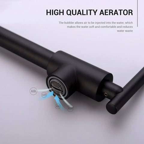 Pot Filler Faucet Wall Mounted Stainless Steel Kitchen Must Have Dual Stretchable Arm Folding Swing With Two Handle Valve Matte Black Space Saving Design Long Reach Up To 24 Inches SUS 304 Lead Free, highlighting the high-quality aerator feature with air bubbles detail.