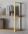 Legit Heavy Duty Floating Shelf Brackets Two Tier Industrial Pipe Wall Mount Brackets with gold finish showcasing storage.