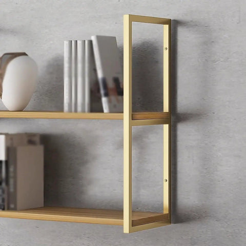 Legit Heavy Duty Floating Shelf Brackets Two Tier Industrial Pipe Wall Mount Brackets with gold finish showcasing storage.
