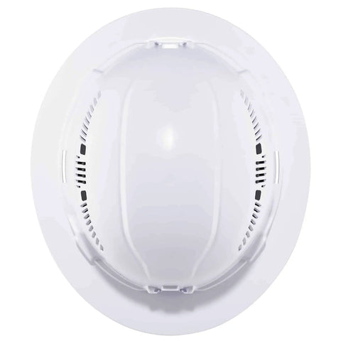 Top view of Vented Hard Hat With Light For Night Safety, Full Brim Style, Ratchet Suspension, Class C, Skullerz 8973LED White