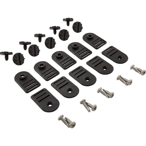 Tough As Nails Swimming Pool Solar Cover Fastener Kit with black clips and rust proof screws for securing blankets tightly.