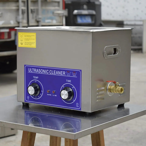 Heavy Duty 10L Stainless Steel Ultrasonic Cleaner With Heater And Timer, Commercial Grade 40Khz Electric machine with control knobs.