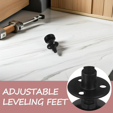 Close-up of a Four Pack Adjustable Furniture Leveling Leg with Heavy Duty Threaded Feet and Anti Slip Levelers on a marble floor.