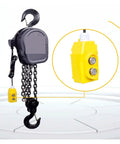 Heavy Duty 3 Ton Electric Chain Hoist With Rock Solid Manganese Steel Chain, featuring a black hoist and yellow control switch.