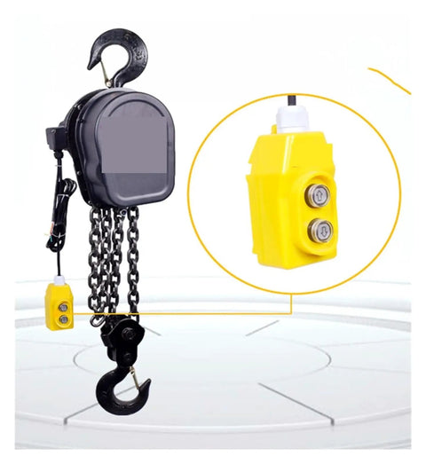 Serious Workhorse 3 Ton Electric Chain Hoist Featuring Manganese Steel Dual Row Chain, with yellow control pendant, industrial use.