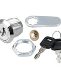 Drawer Cam Lock For Cabinets And Drawers, 0.69 Inch Diameter Cylinder, Five Eighths Inch Length, Fits Panels Up To Three Eighths Inch, Zinc Alloy Chrome Plated, Keyed Different, 2 Pack, Easy Install, Durable Metal Lock image showing lock components