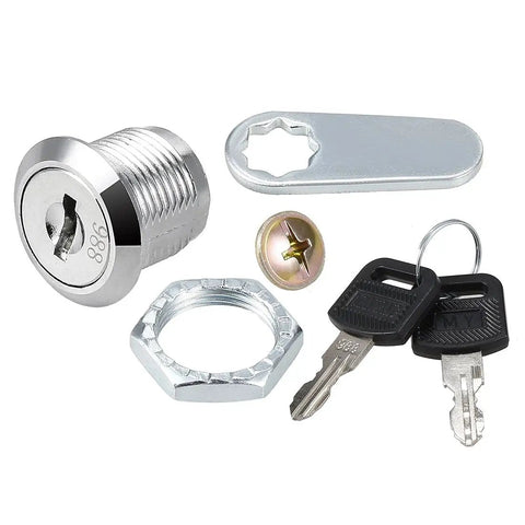 Drawer Cam Lock For Cabinets And Drawers, 0.69 Inch Diameter Cylinder, Five Eighths Inch Length, Fits Panels Up To Three Eighths Inch, Zinc Alloy Chrome Plated, Keyed Different, 2 Pack, Easy Install, Durable Metal Lock image showing lock components