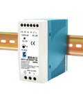 Front view of 12V DC DIN Rail Power Supply 60W 5A, 100-240VAC Input, 12V Output, 50/60Hz Switching Converter on metal rail