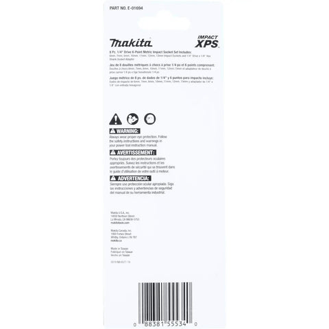 Back of packaging for Impact Socket Set, 8 Piece, 1/4 Inch Drive, 6 Point Metric with safety warnings and branding