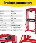 Heavy Duty 30 Ton H Frame Hydraulic Shop Press With Adjustable Base And Steel Plates showing product specifications in red steel.