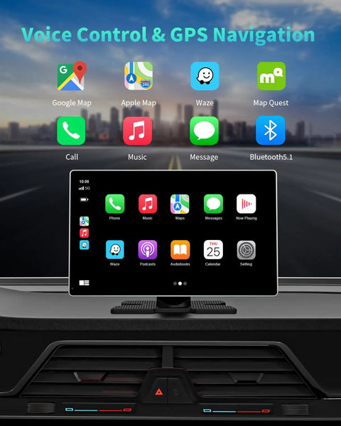9 Inch Wireless Apple CarPlay And Android Auto Dash Receiver with GPS navigation and app icons displayed on screen