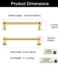 3-Inch Hole Center Unlacquered Brass Cabinet Pulls 5-Pack shown with dimensions and screws, highlighting size and finish.