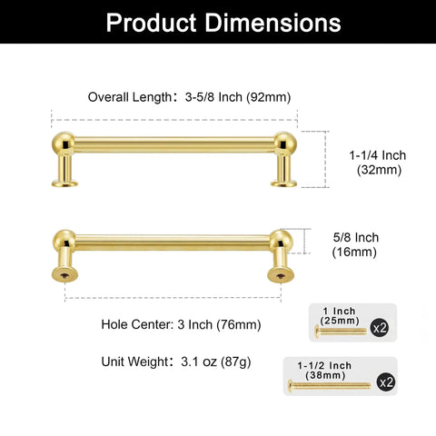 3-Inch Hole Center Unlacquered Brass Cabinet Pulls 5-Pack shown with dimensions and screws, highlighting size and finish.