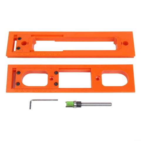 Hydraulic Door Hinge With Soft Close installation template set, parts laid out for 90 Degree Automatic Door Closures, no rear rod visible