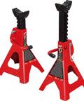 Double Locking 3 Ton Steel Pro Grade Jack Stands For Auto Shop And Garage Use Adjustable Lift From Eleven And A Quarter Inches To Sixteen And Three Quarters Inches Six Thousand Pound Capacity Red Finish Durable Saddle One Pair