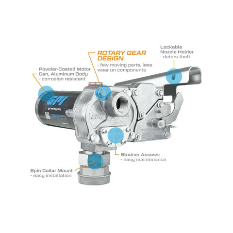 M-1115S-PO Fuel Transfer Pump For Stationary Tanks, 12 GPM At 115V, Built Tough For Gasoline Blends Up To E15, Diesel Up To B20, And Kerosene, Includes Spin Collar And Lockable Nozzle Holder For Quick, Safe Refills.