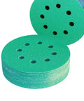 Awesome 100-Piece Set Of 5 Inch Sanding Discs With Hook And Loop Design For Wood Metal Projects featuring stacked green sanding discs.
