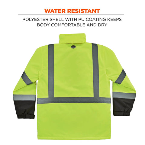 Back view of High Visibility Reflective Winter Safety Jacket Insulated Parka ANSI Compliant Lime GloWear 8384