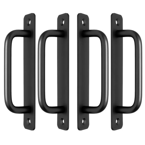 Heavy Duty Black Barn Door Handles 4 Pack BossLevel Cabinet Pulls StraightUp Durable Aluminum Drawer Knobs Farm Hardware For Kitchen Upgrades TopTier Smooth Glide Design, four black handles with straight grips.