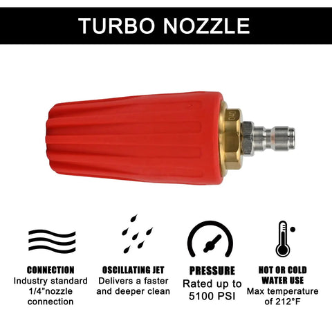 Rotating Turbo Nozzle For Pressure Washers 360 Degree Cleaning, Handles 2600-5100 PSI, Quarter Inch Quick Connect, Four GPM Orifice