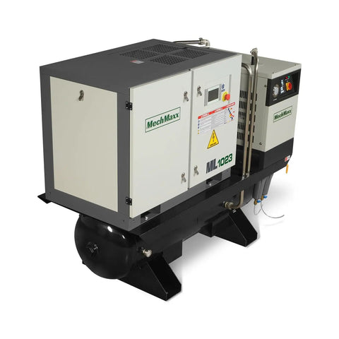 Beefy 10HP Rotary Screw Air Compressor With Built In Dryer And 66 Gallon ASME Tank Delivers 32 CFM At 116 PSI On 230V Three Phase Industrial Grade ML1023