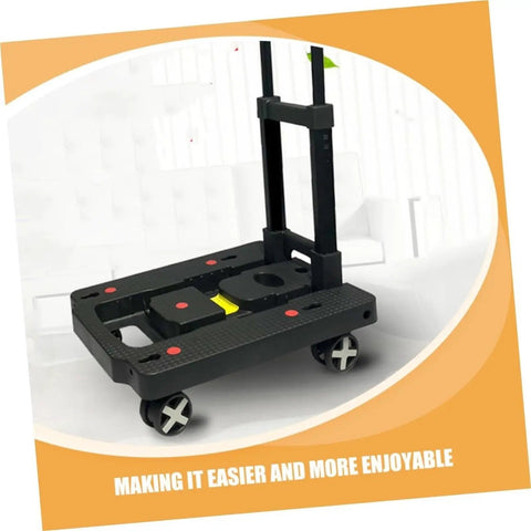 Rugged Portable Platform Cart With Folding Hand Truck For Travel And Everyday Hauling, Easy Push Cart Dolly, Durable Steel Build, ergonomic handle, black foldable base with wheels