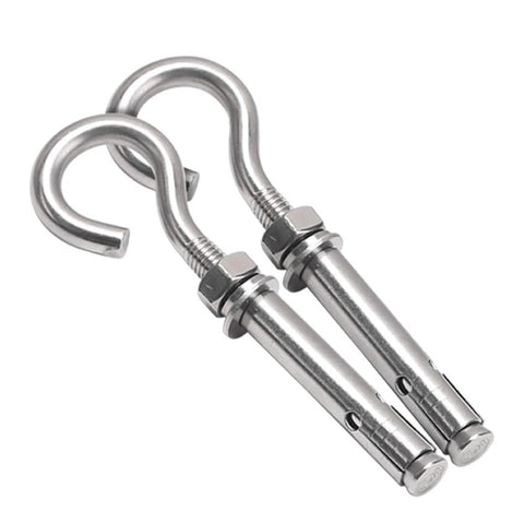 Expansion Screws Hooks Opening Hole M6 M8 In 316 Stainless Steel Eye Bolt Open Anchor Hook shown with hex nut and washer