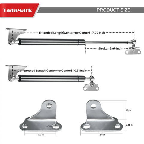 Rugged Gas Struts With Mounting Brackets 17 Inch Lift Supports for Toolboxes and RV Hatches, showing product dimensions and stroke length.