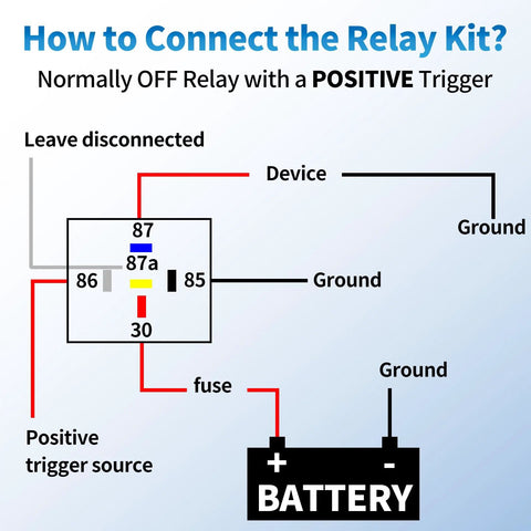 Diagram showing how to connect the 5 Pin Waterproof Relay Kit 40 30 Amp 12V SPDT Relay With Harness to a battery and device.