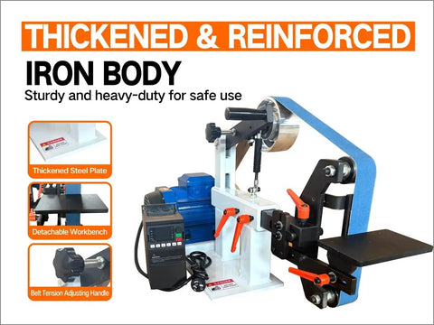Heavy Duty Belt Grinder Sander With Badass 1500 Watt Variable Speed Metal Polishing Machine and 72 Inch Flat Arc Wheels with iron body.