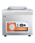 Front view of VEVOR chamber vacuum sealer, stainless steel with clear lid and orange control panel.