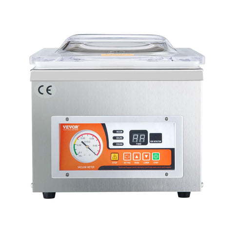Front view of VEVOR chamber vacuum sealer, stainless steel with clear lid and orange control panel.