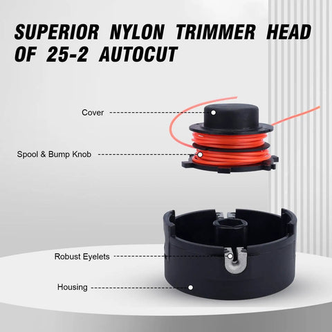Exploded view of Trimmer Head 25-2 Autocut Replacement Fits STIHL FS Series, showing spool, bump knob, and housing.